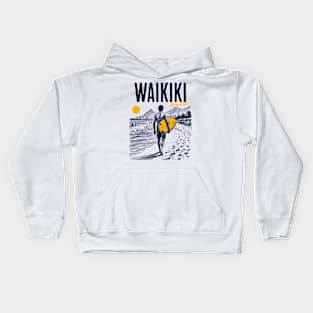 Vintage Surfing Sketch // Waikiki Beach Hawaii // Retro Surfer Drawing Kids Hoodie